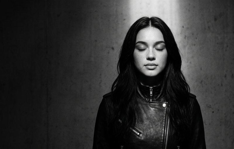 Nova Rai in a leather jacket against a wall of light, eyes closed, in black and white