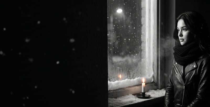 Nova Rai at a snowy window with a single candle, the night wide around her, in black and white