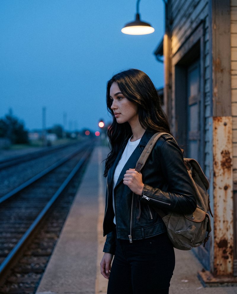 Nova Rai with a backpack on a station platform at blue hour, looking down the line