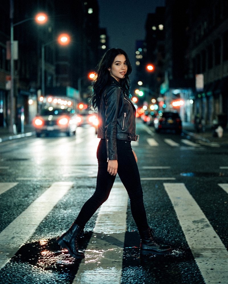 Nova Rai crossing a wet zebra crossing at night and looking back
