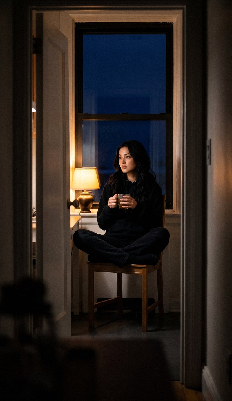 Nova Rai sitting cross-legged on a chair in a dark doorway with a mug, the blue night in the window behind her