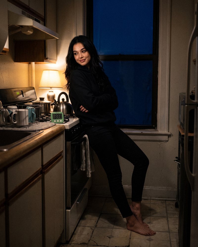 Nova Rai leaning barefoot against a kitchen counter beside the kettle at night