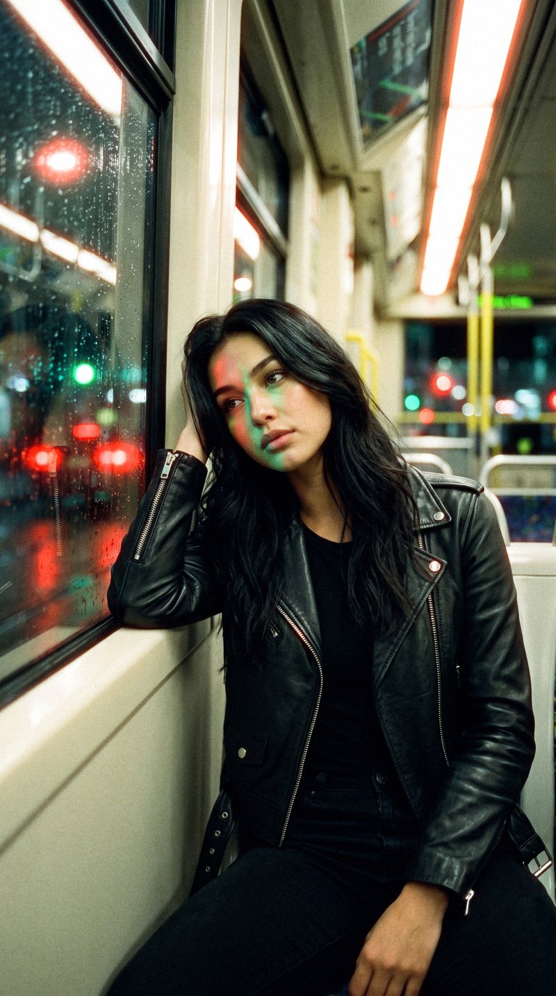 Nova Rai leaning against the window of the last tram at night