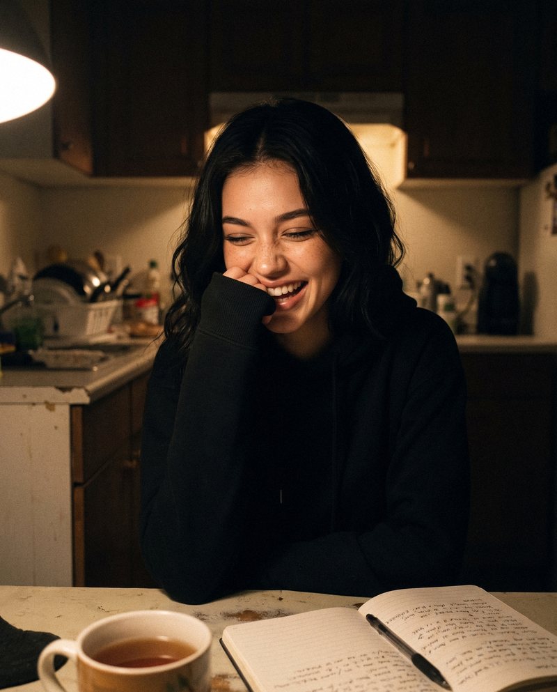 Nova Rai laughing at a kitchen table late at night