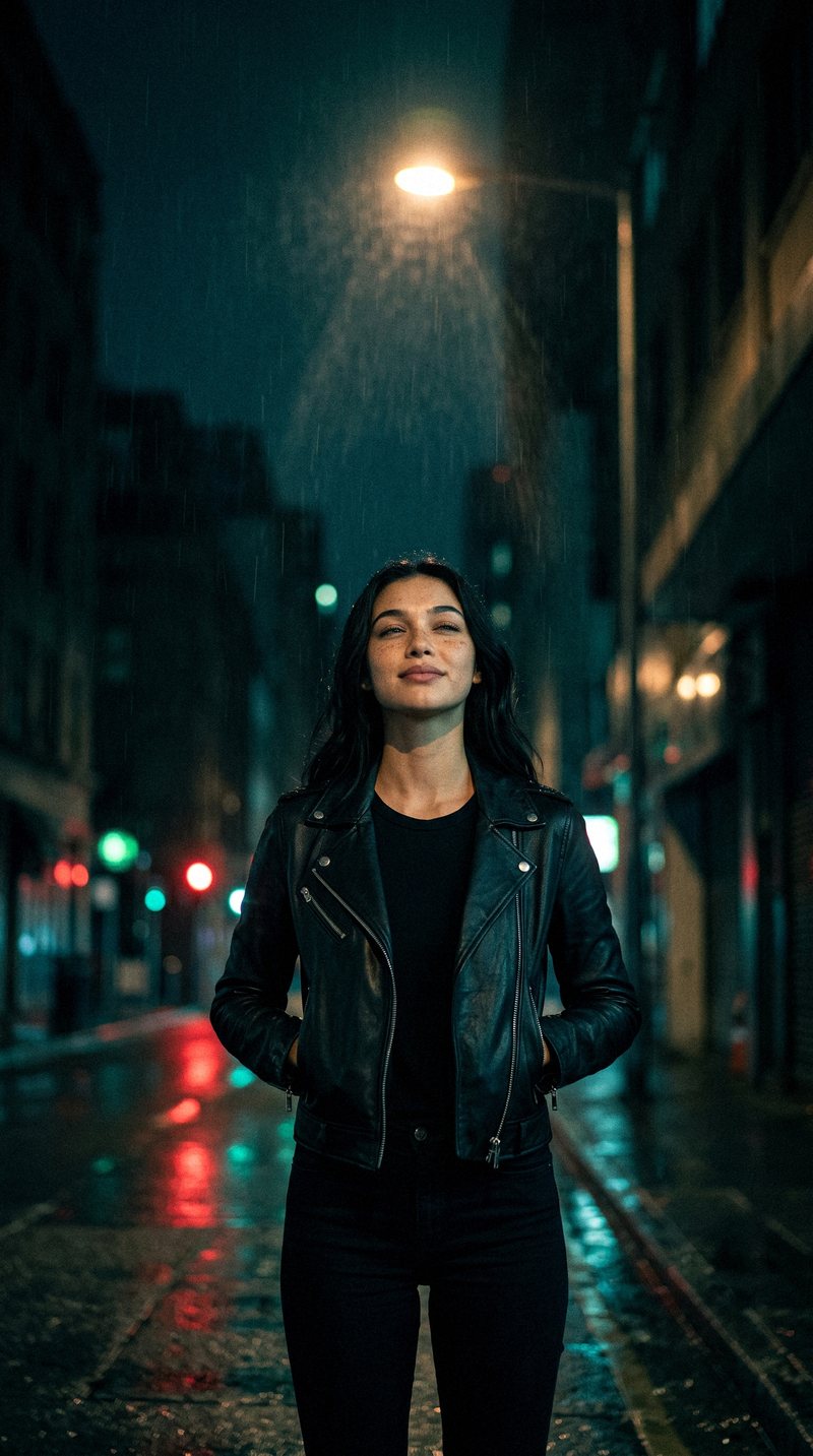 Nova Rai standing on an empty rainy street at night under a street lamp