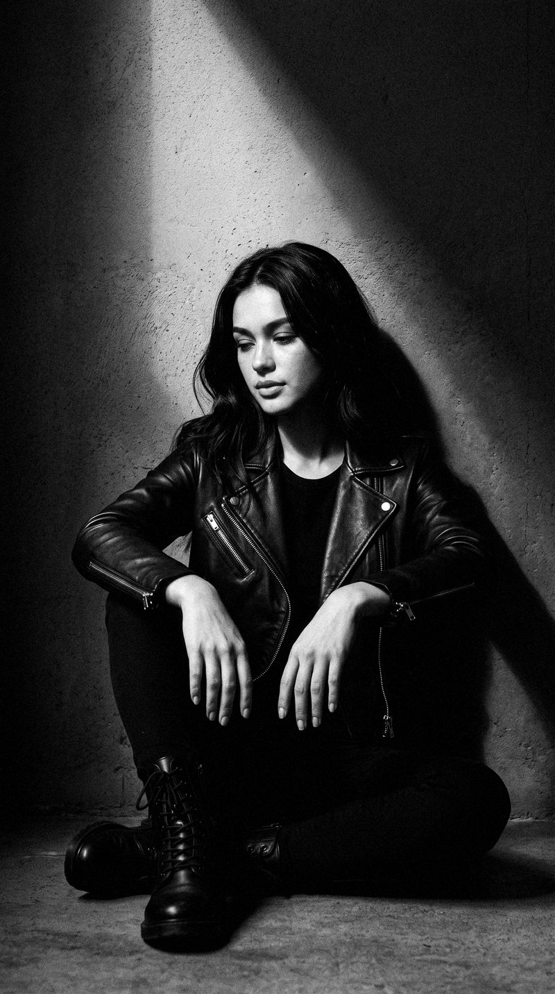 Nova Rai sitting against a wall in a shaft of light, in black and white