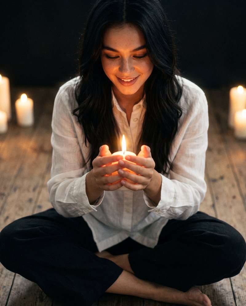 Nova Rai sitting on a wooden floor holding a small flame in her hands