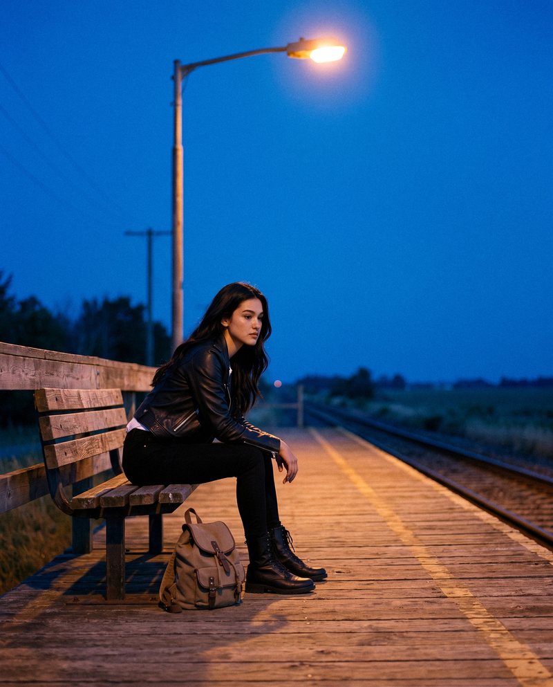 Nova Rai sitting on a bench on an empty station platform at blue hour, her backpack at her feet