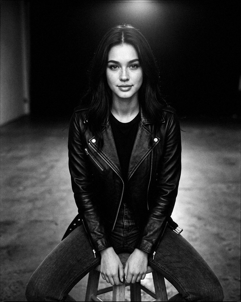 Nova Rai sitting on a stool under a single light in an empty room, in black and white
