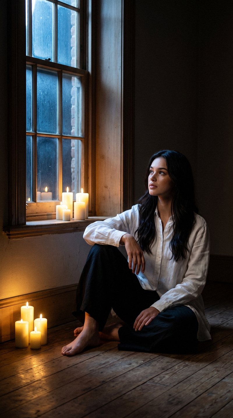 Nova Rai sitting by a night window among candles, looking out