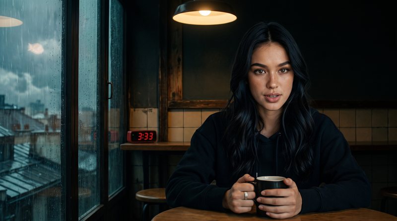 Nova Rai in a cafe at night with a cup in her hands, rain on the window