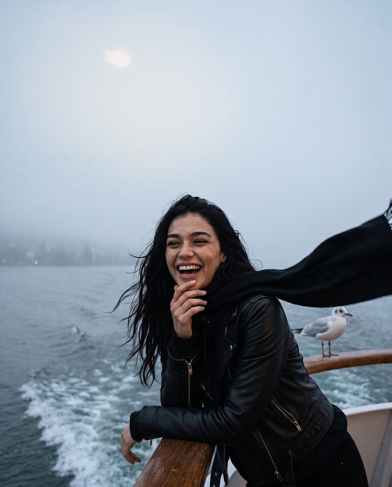 Nova Rai laughing on the deck of a lake ferry in fog, a gull on the rail