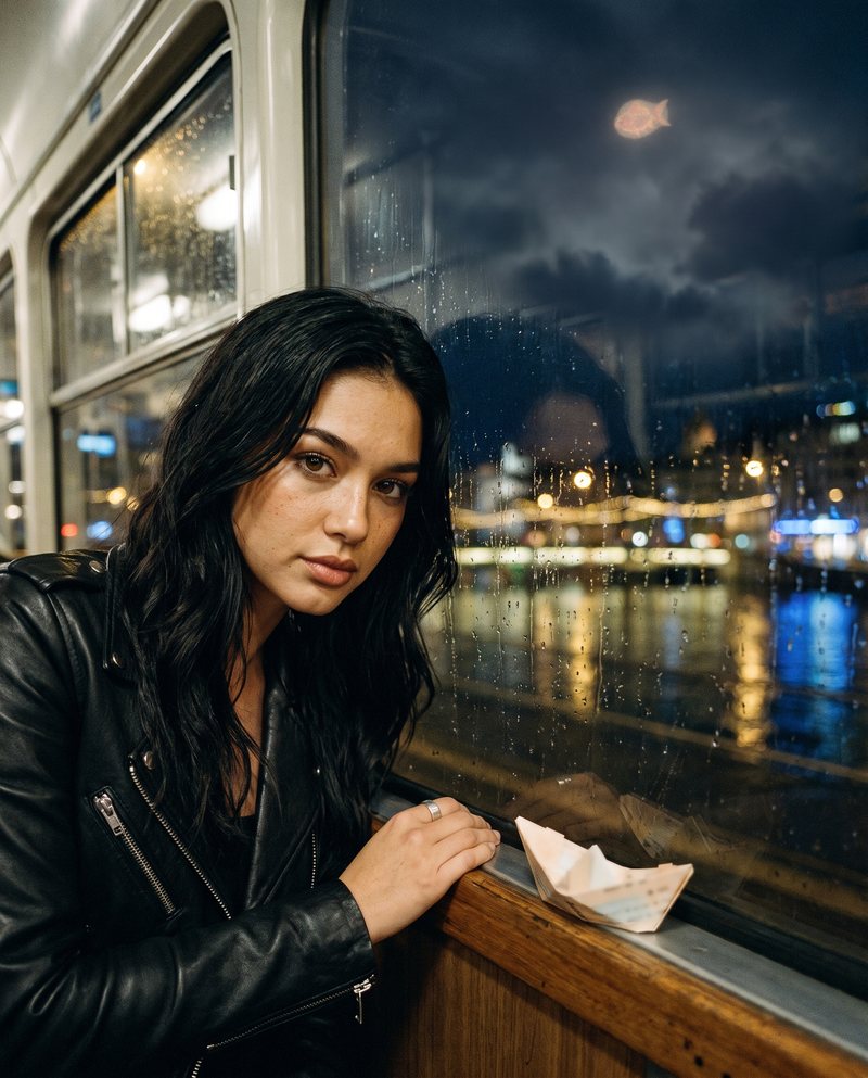 Nova Rai against the window of a night tram in the rain, a paper boat on the ledge