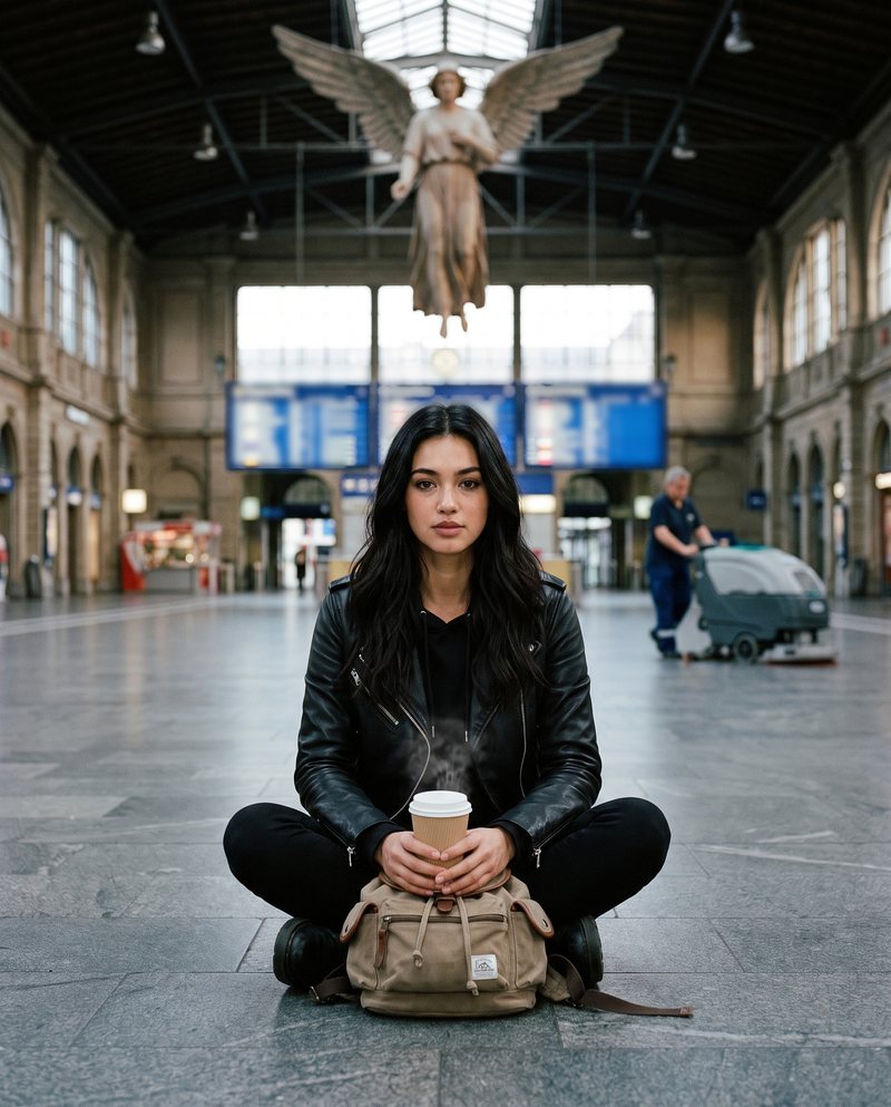 Nova Rai sitting cross-legged on her pack in the great hall of Zurich main station with a first coffee