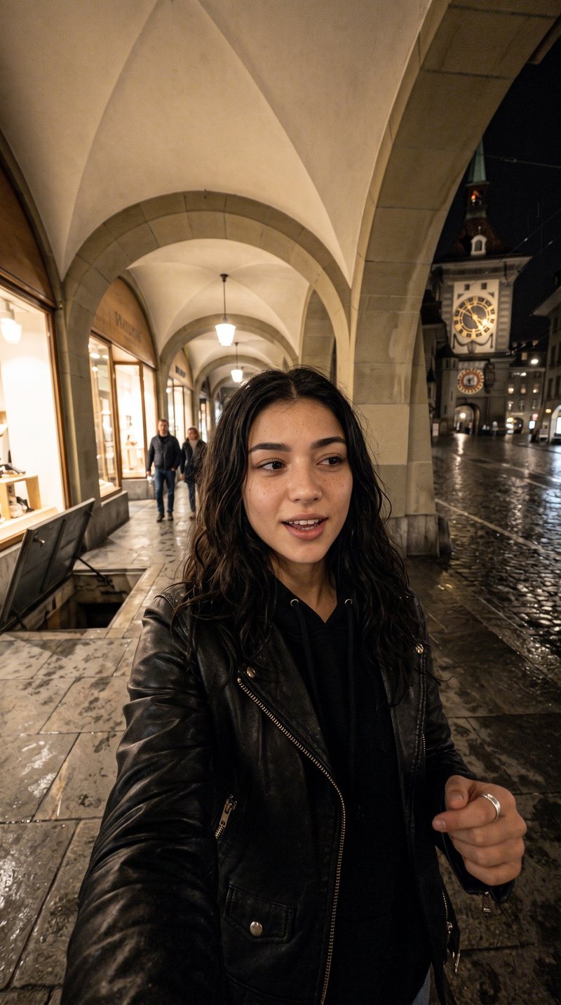 Nova Rai filming herself walking under the arcades of Bern in the rain
