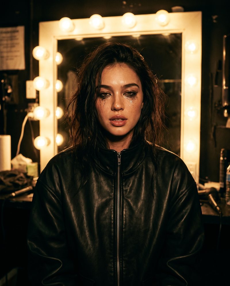 Nova Rai backstage in front of a lit mirror in a leather jacket