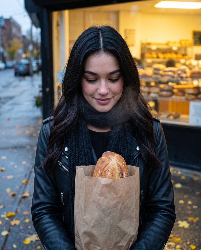 Nova Rai holding a warm loaf in a paper bag outside a bakery in autumn