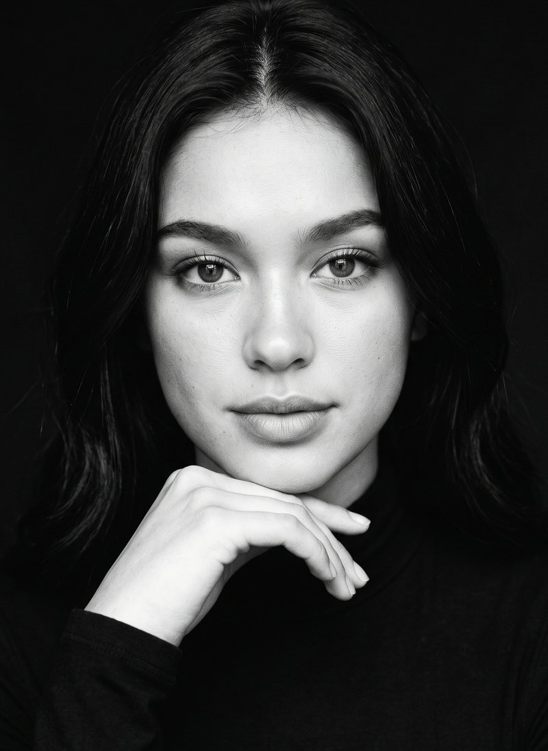 Nova Rai with her chin resting on her hand, in black and white