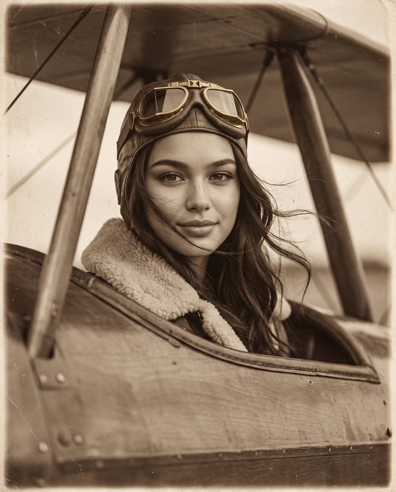 Nova Rai in the cockpit of an old biplane, in sepia