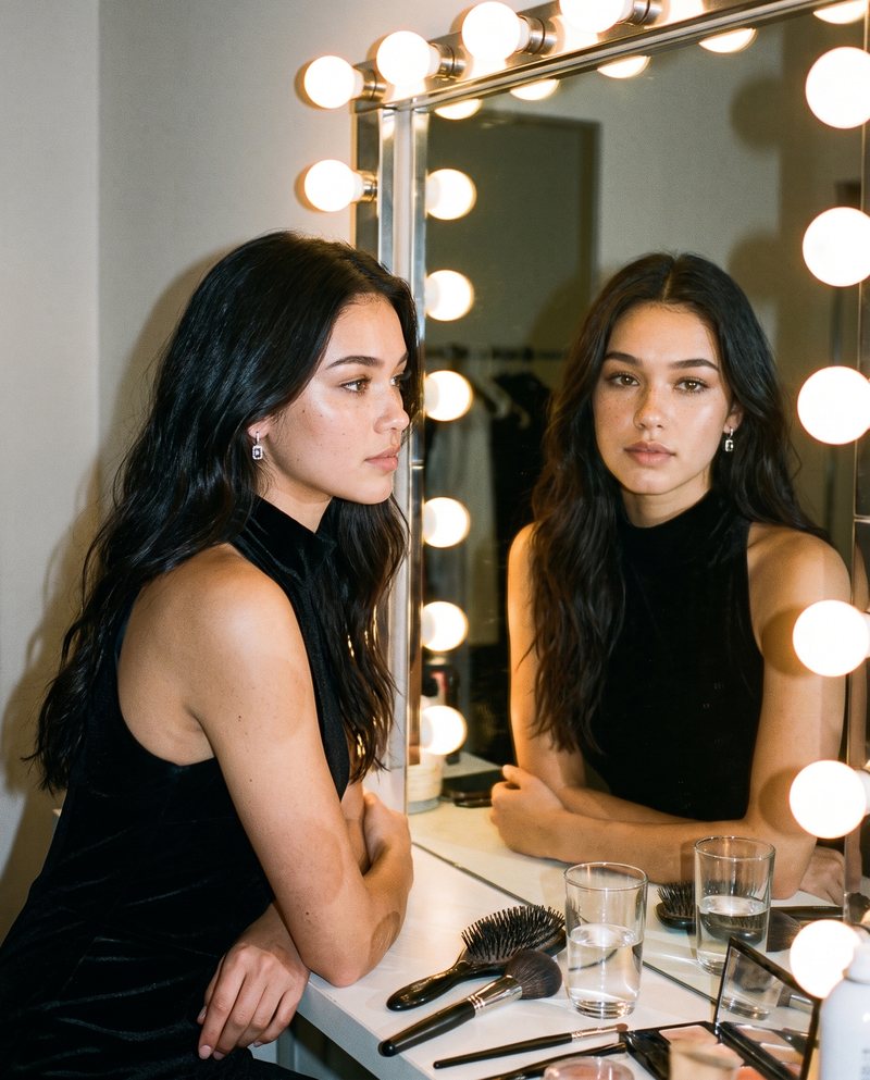 Nova Rai at a dressing-room mirror lined with bulbs, looking at her reflection