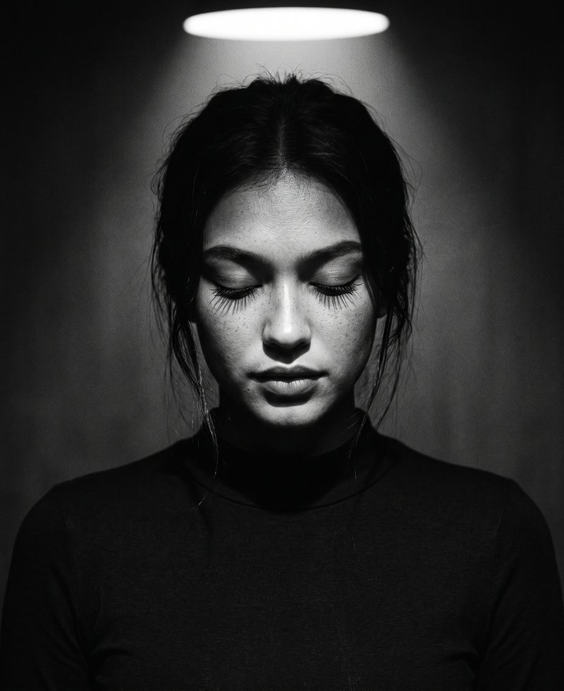 Nova Rai with her eyes down under a round light, in black and white