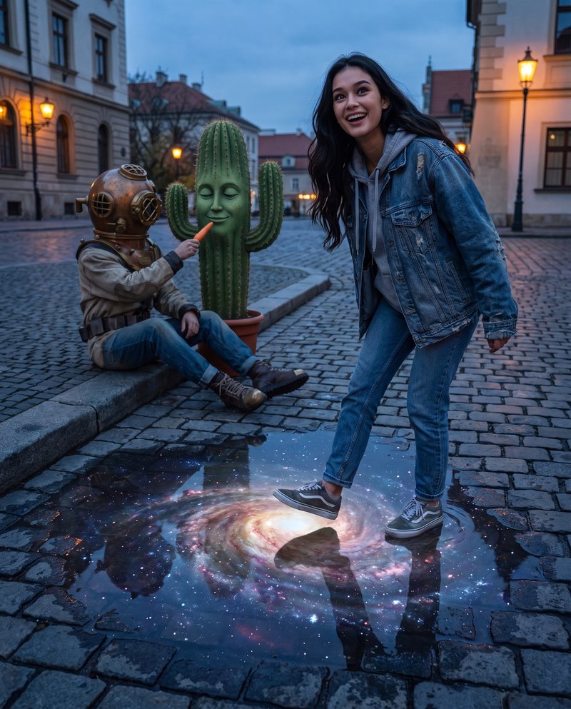 Nova Rai stepping over a puddle full of stars on a cobbled street