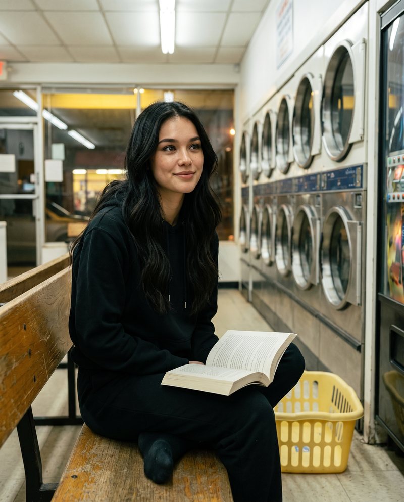Nova Rai reading on a bench in a laundromat