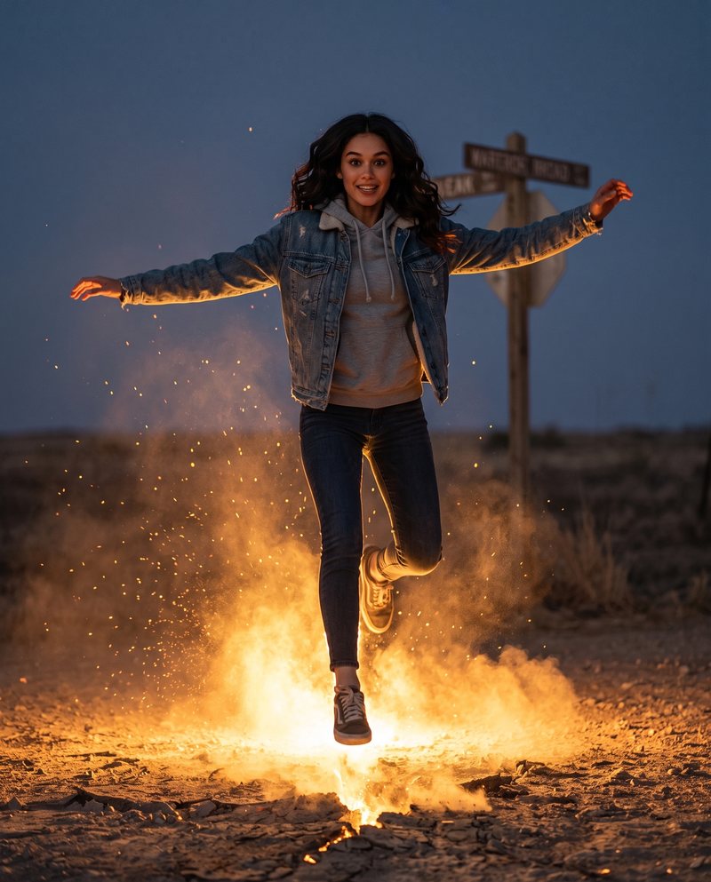 Nova Rai leaping over a glowing golden crack in the ground at dusk