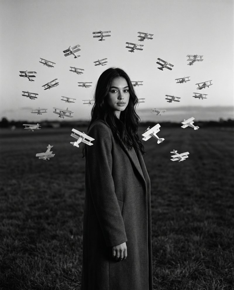 Nova Rai standing in a field in a long coat with paper planes circling her, in black and white