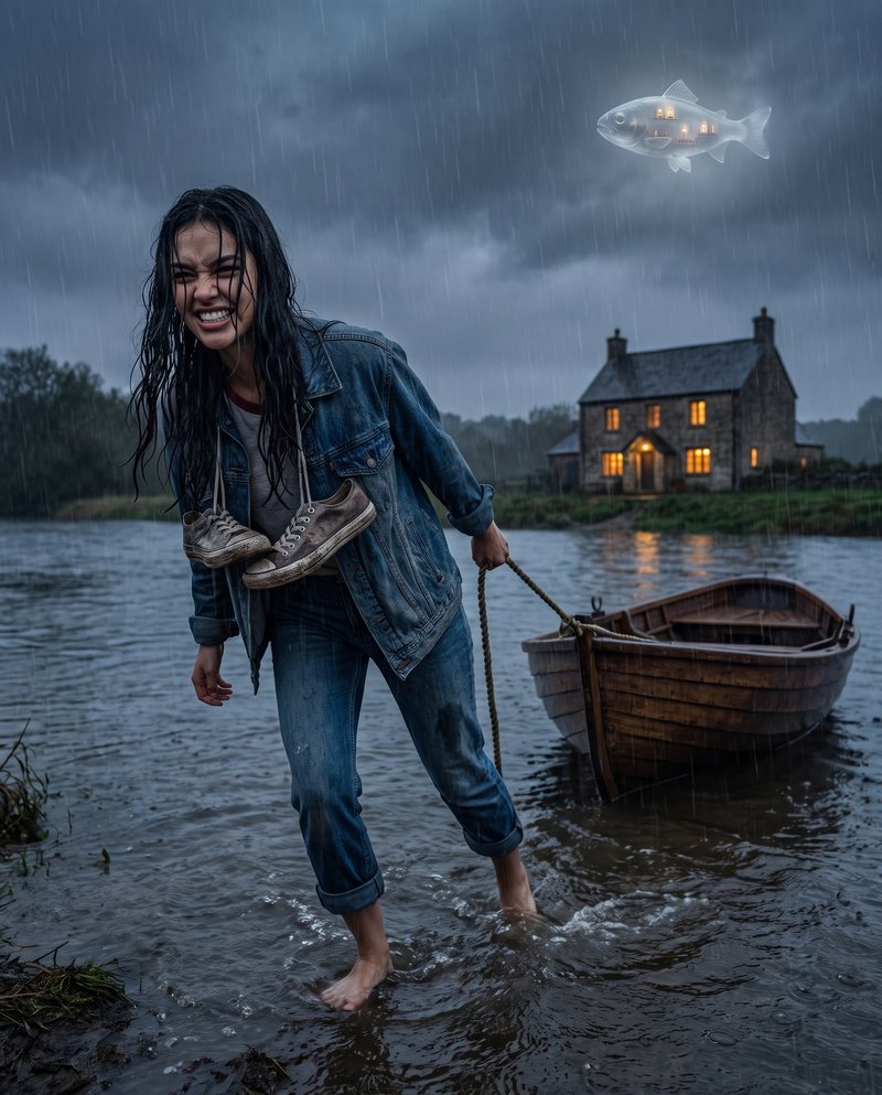 Nova Rai pulling a small wooden boat through the rain toward a lit cottage