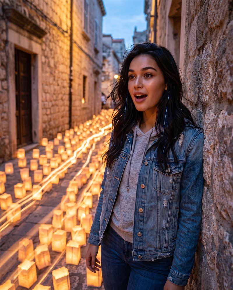 Nova Rai in an old stone lane beside a river of paper lanterns