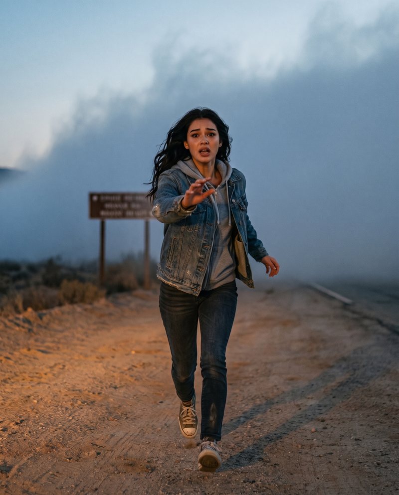 Nova Rai running down a dirt road ahead of a wall of fog