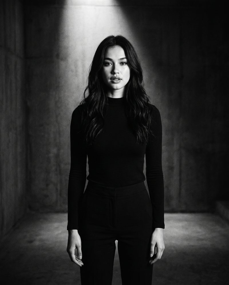 Nova Rai standing in a shaft of light in a concrete room, in black and white