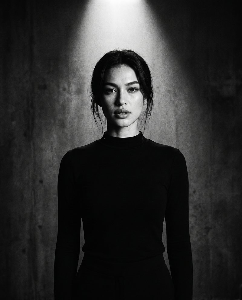 Nova Rai standing under a single lamp against a concrete wall, in black and white
