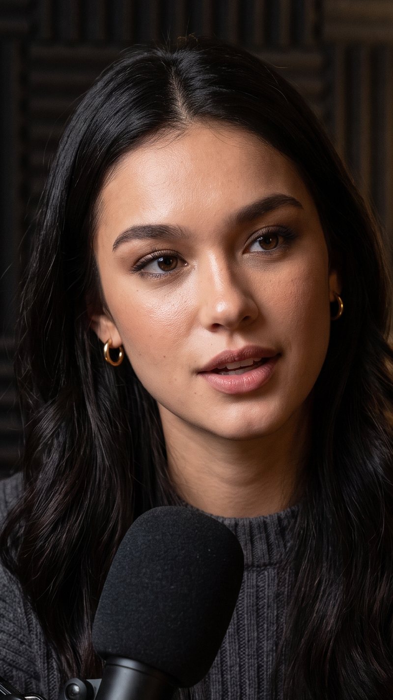 Nova Rai in a charcoal knit in a small podcast studio, a microphone in front of her