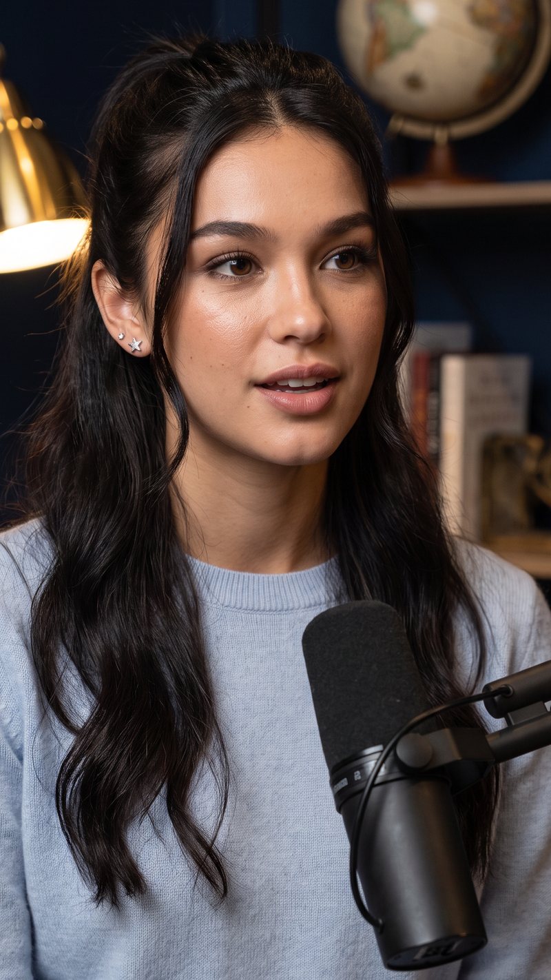 Nova Rai in a pale blue sweater in a navy night studio with a globe