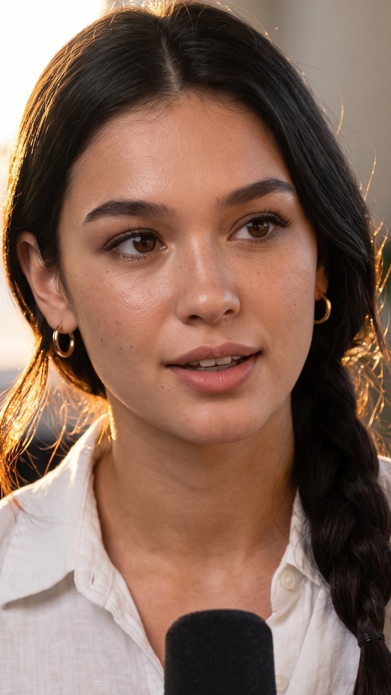 Nova Rai in white linen with a side braid in golden-hour light