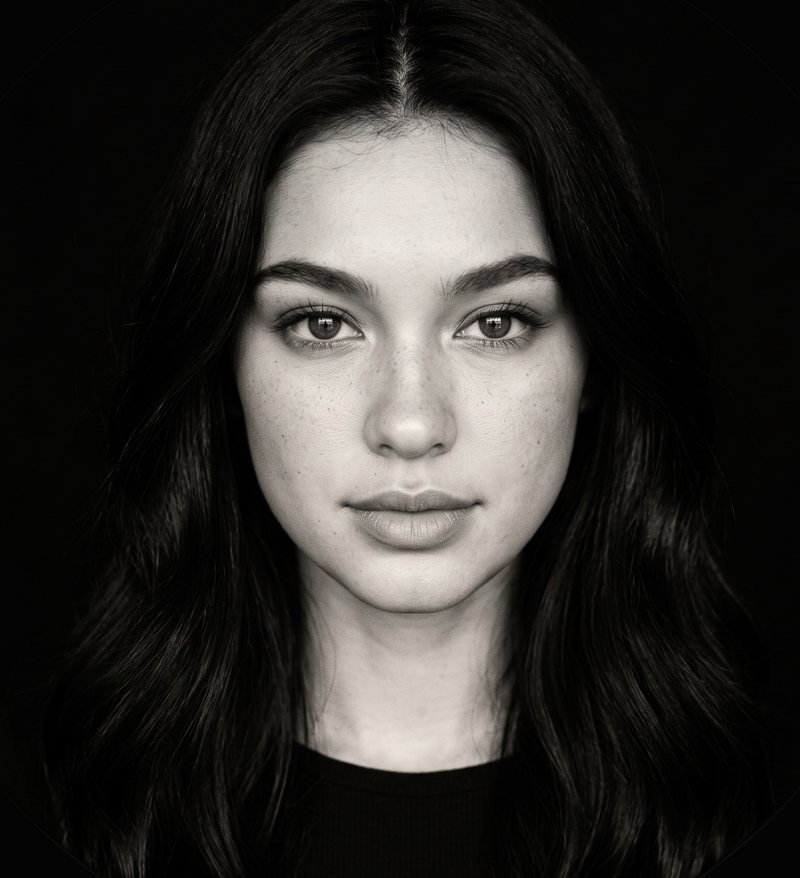 Nova Rai in a minimal portrait on black, in black and white