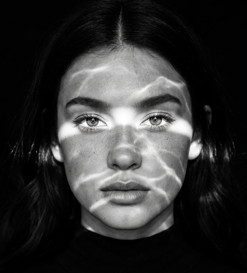 Nova Rai with light from water rippling across her face, in black and white