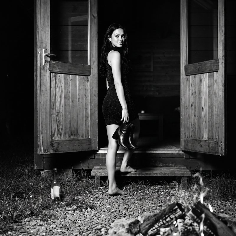 Nova Rai in the doorway of a wooden cabin at night, her boots in her hand, in black and white