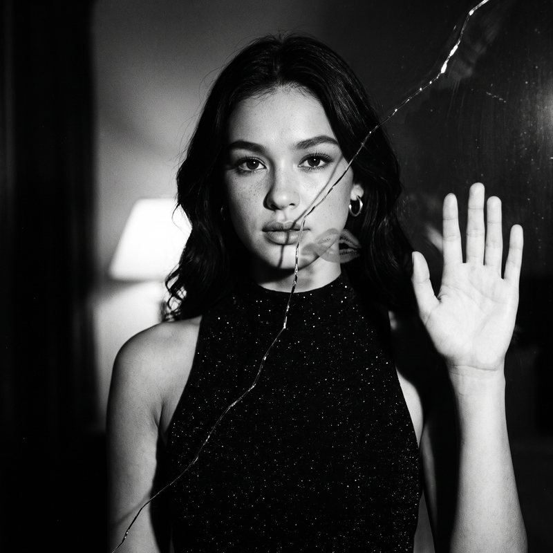 Nova Rai behind a cracked pane of glass, one hand pressed to it, in black and white