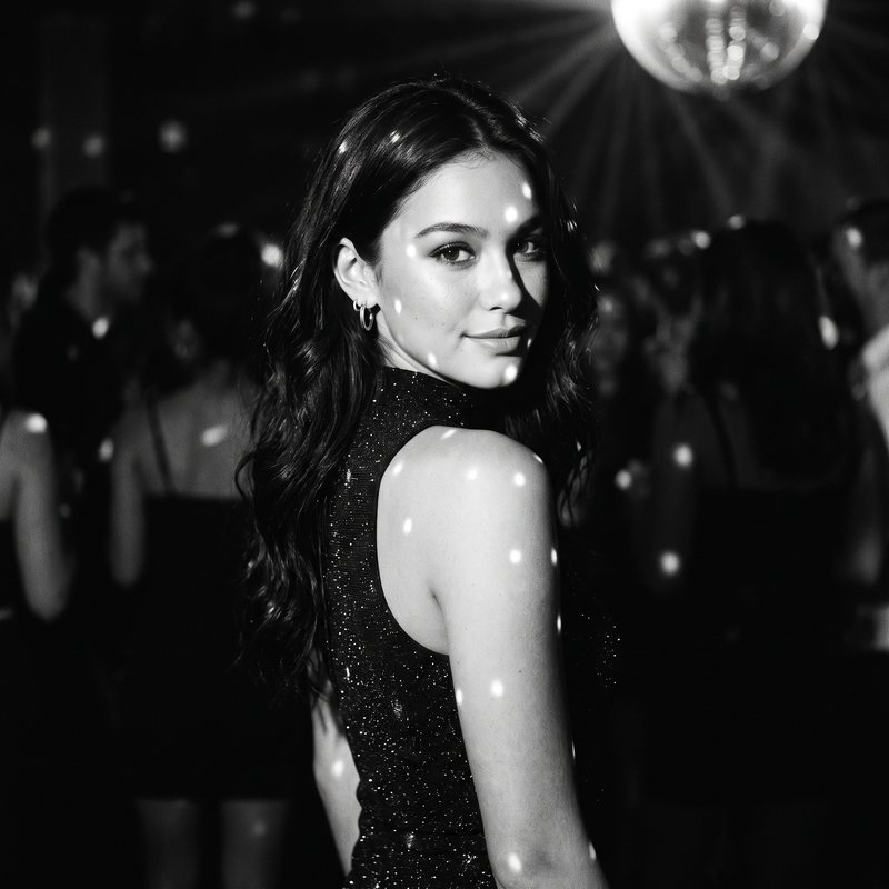 Nova Rai looking back over her shoulder under a mirror ball, in black and white