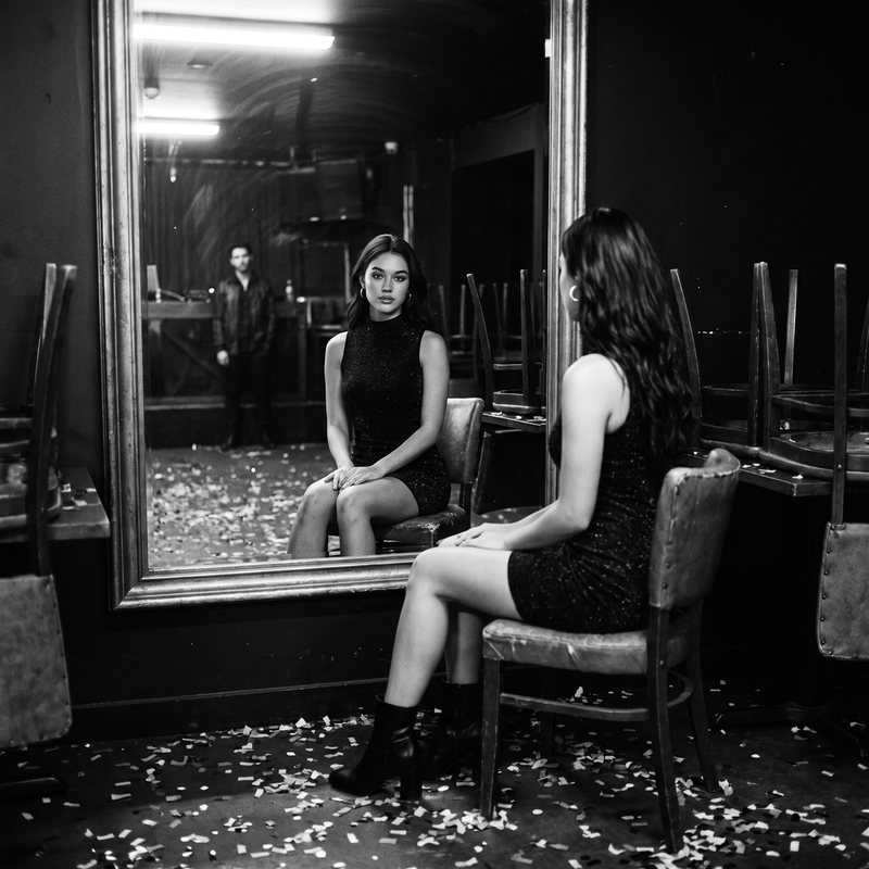 Nova Rai sitting before a tall mirror among scattered petals, her reflection facing her, in black and white