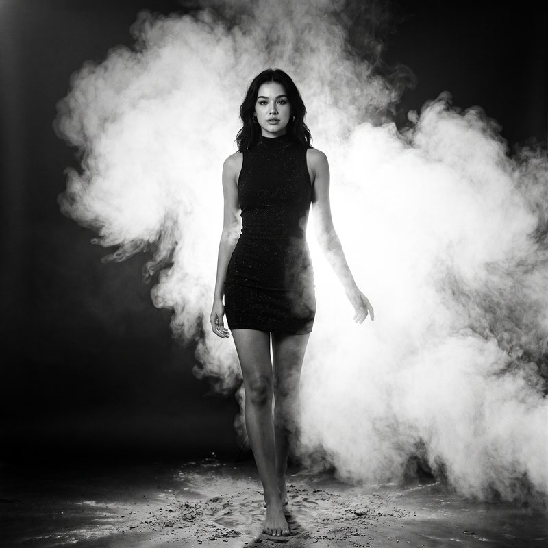 Nova Rai walking barefoot out of a cloud of smoke, in black and white