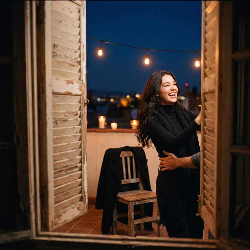 Nova Rai laughing in an open balcony door under string lights at night