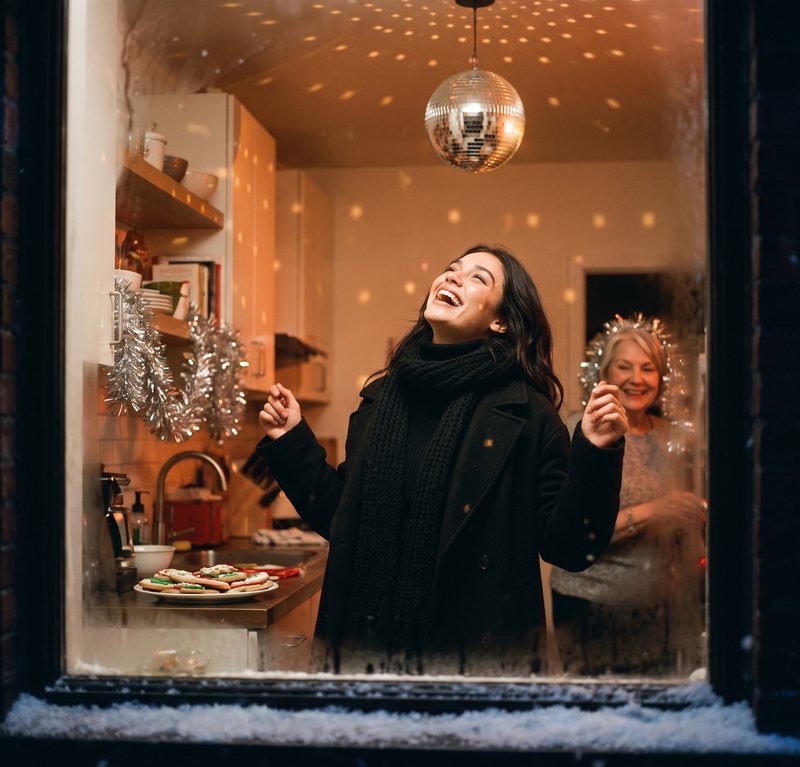 Nova Rai laughing in a lit window at a Christmas party, a mirror ball above her