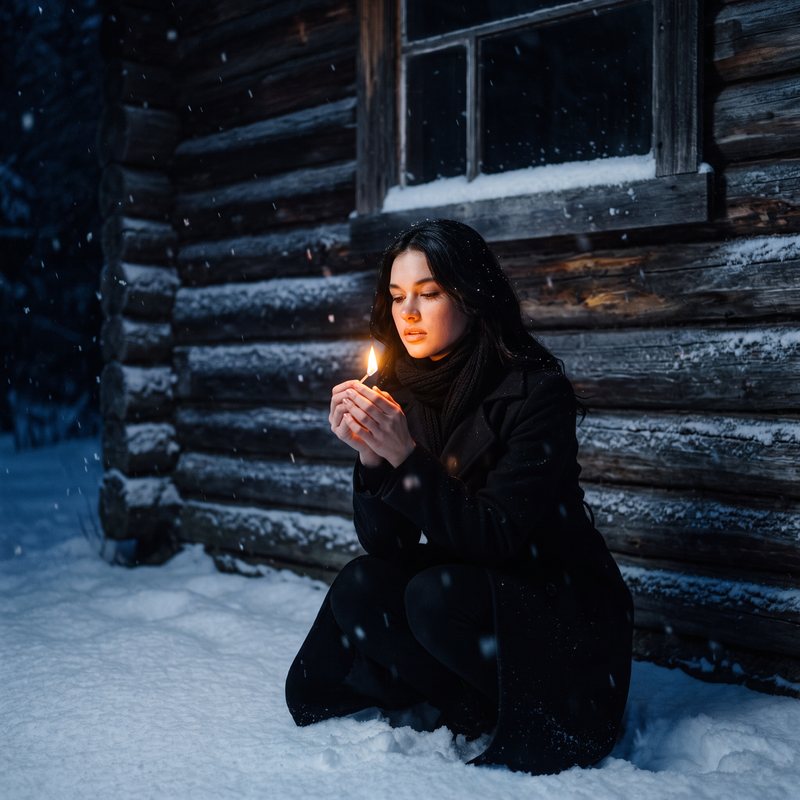 Nova Rai kneeling in the snow by a log cabin, sheltering a lit match in her hands