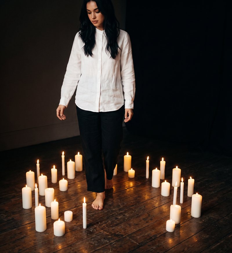 Nova Rai stepping barefoot into a circle of lit candles on old floorboards