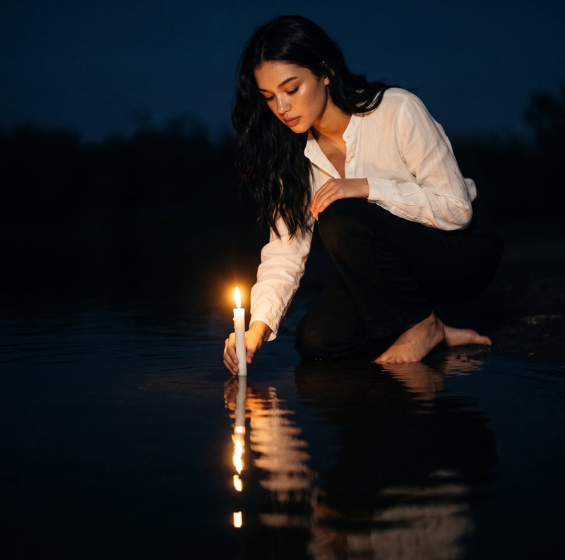 Nova Rai kneeling at the edge of dark water at night, setting a lit candle afloat