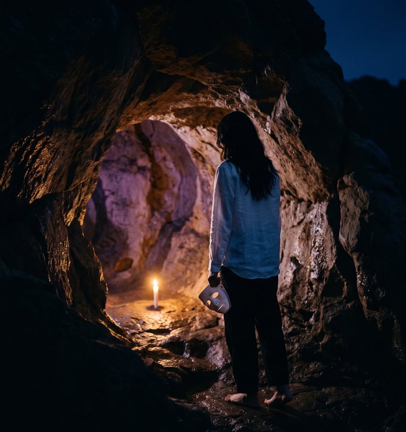 Nova Rai at the mouth of a cave at night, a white theatre mask in her hand, one candle deep inside